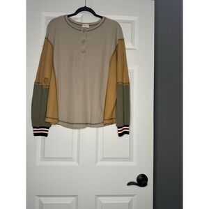 Hailey And Co Color Block Waffle Knit Henley Top Large Multicolor